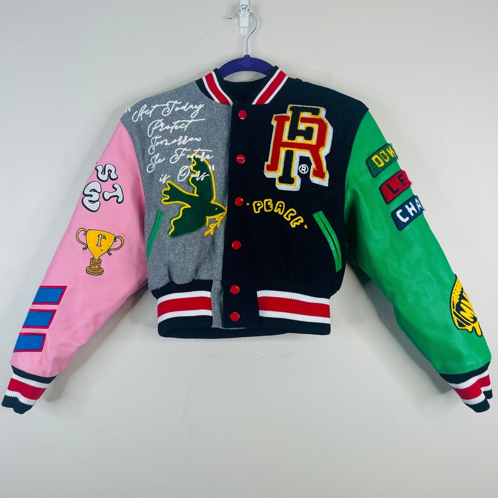 Swank A Posh Honor Roll Patchwork Varsity Jacket Womens M Chenille Graphic Crop